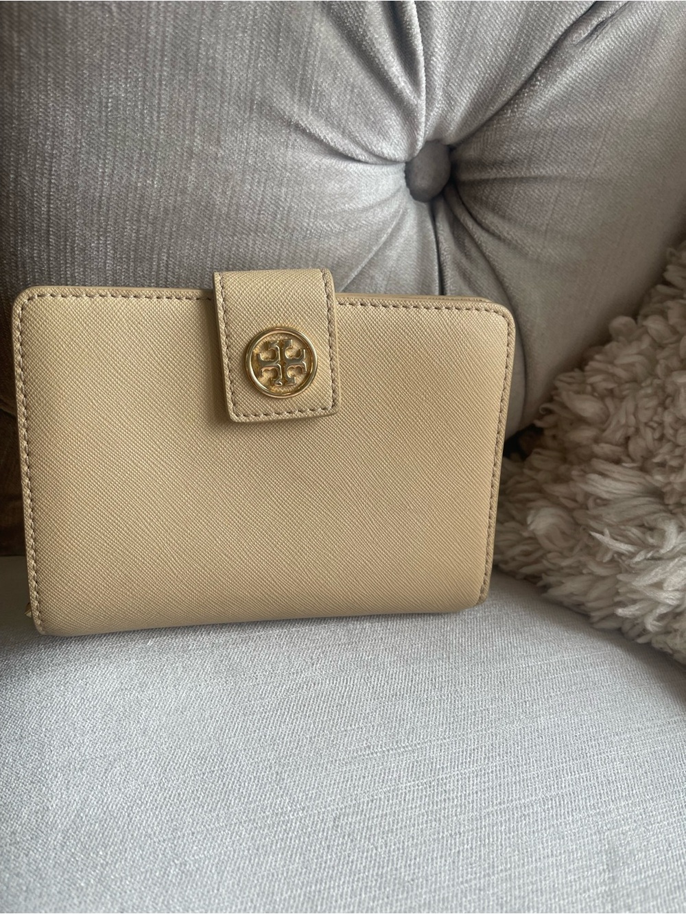 Tory Burch Cream Saffiano Leather Wallet with Gold Logo Snap